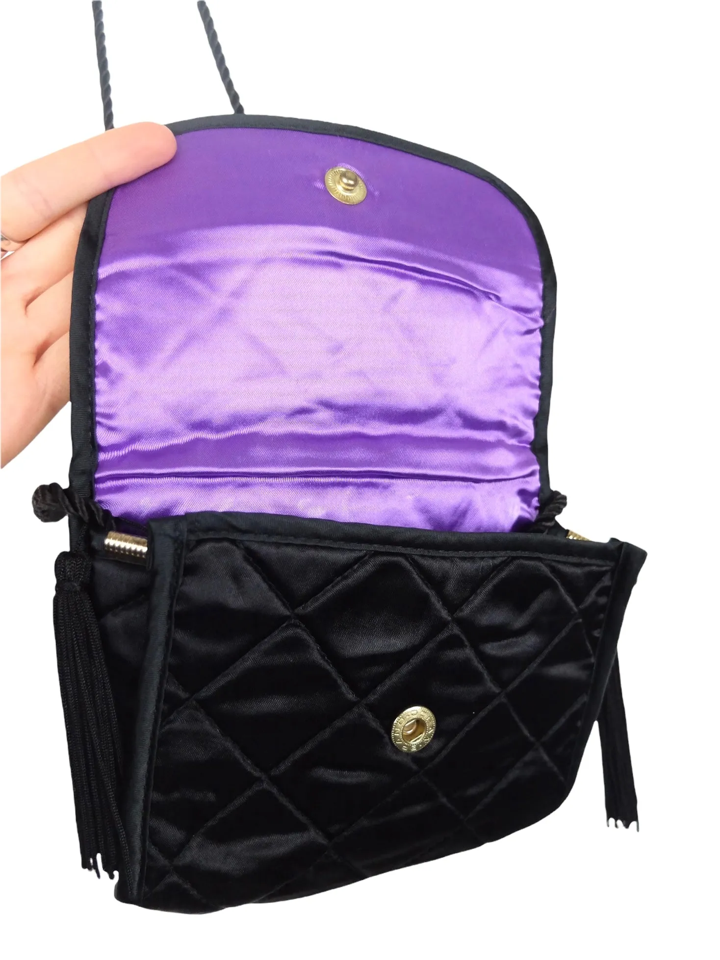 Vintage 00s Y2K Black Silky Quilted Small Mini Crossbody Bag with Tassels & Snap Closure