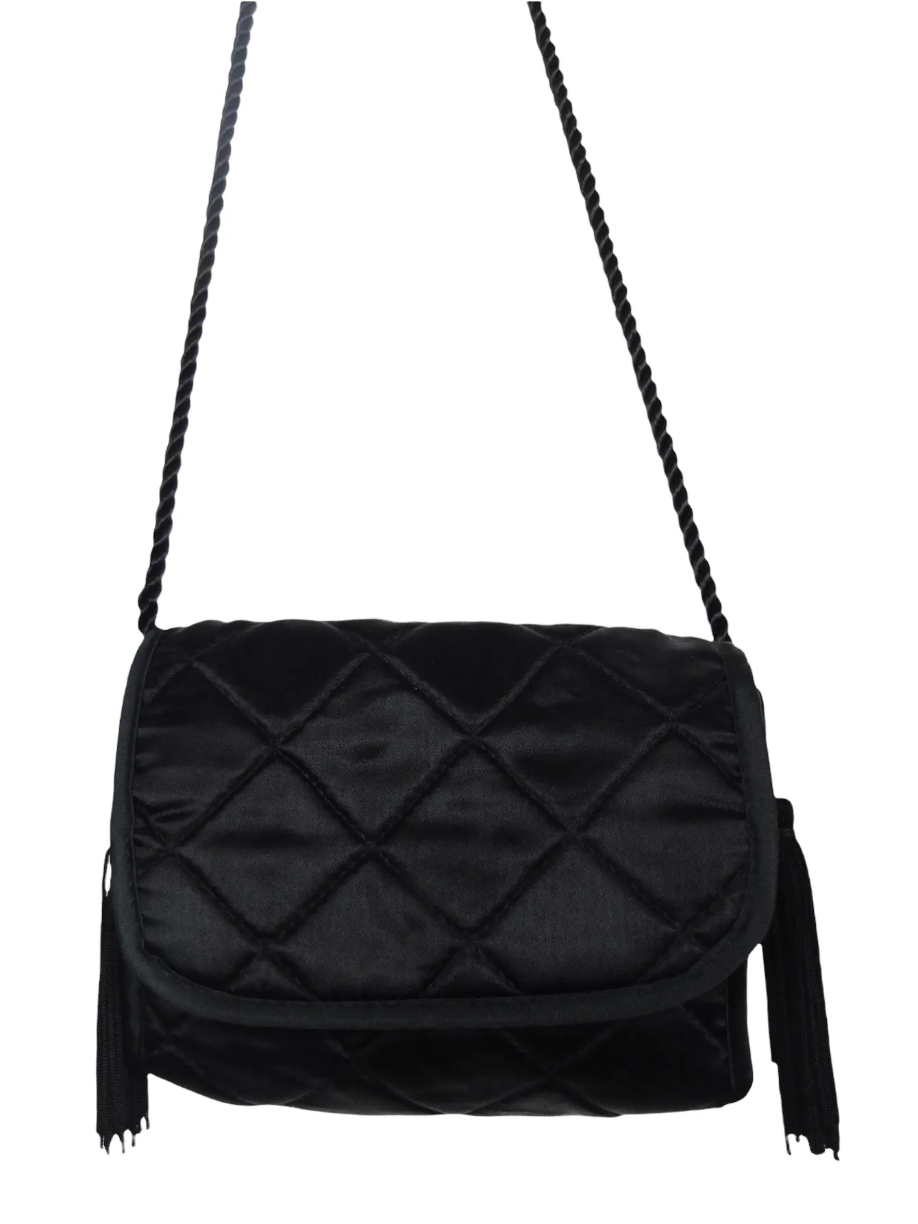Vintage 00s Y2K Black Silky Quilted Small Mini Crossbody Bag with Tassels & Snap Closure