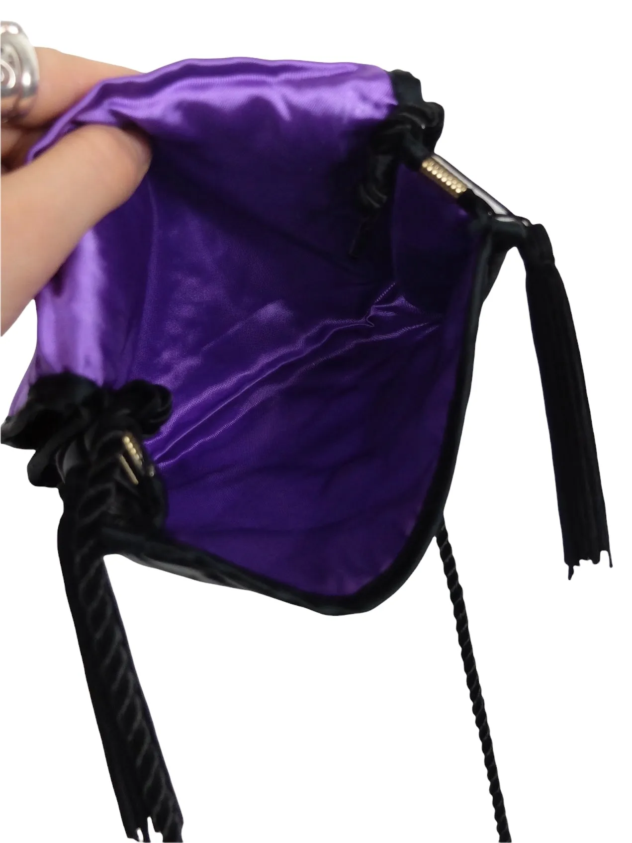 Vintage 00s Y2K Black Silky Quilted Small Mini Crossbody Bag with Tassels & Snap Closure