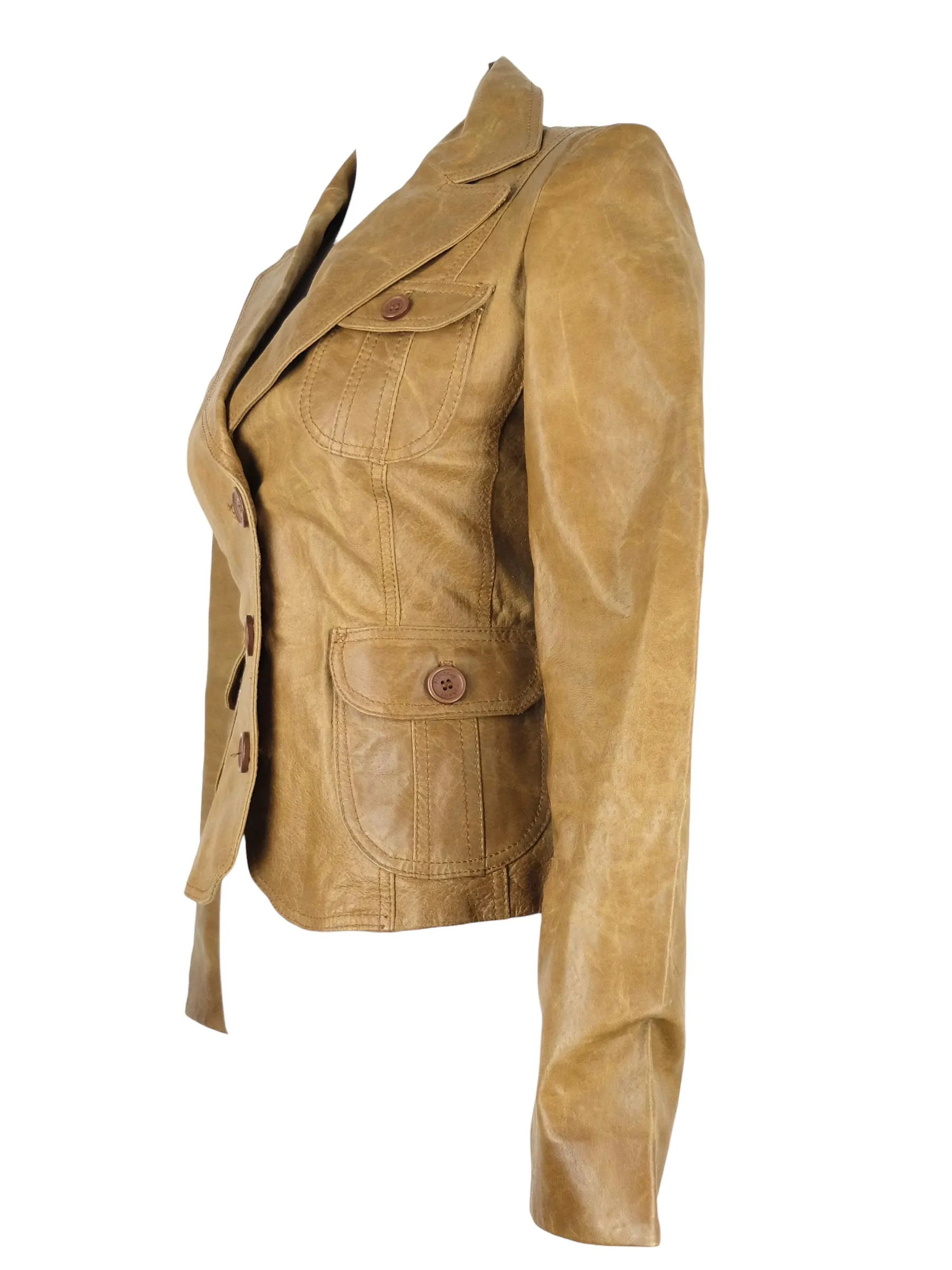 Vintage 2000s Y2K Preppy Boho Chic Tan Brown Collared Button Up Leather Jacket