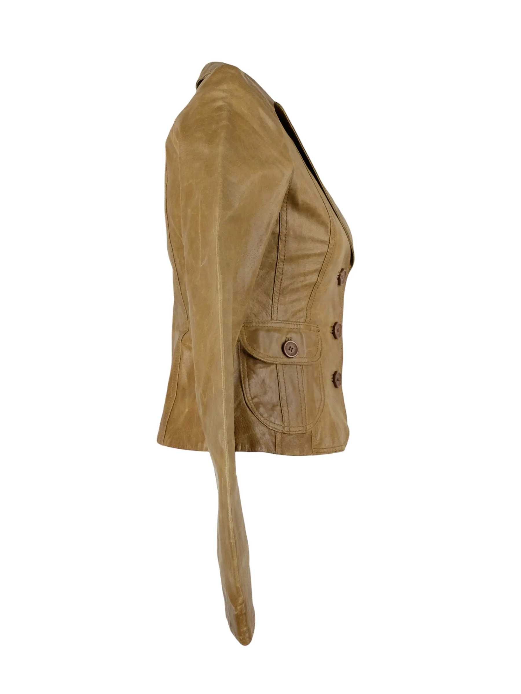 Vintage 2000s Y2K Preppy Boho Chic Tan Brown Collared Button Up Leather Jacket