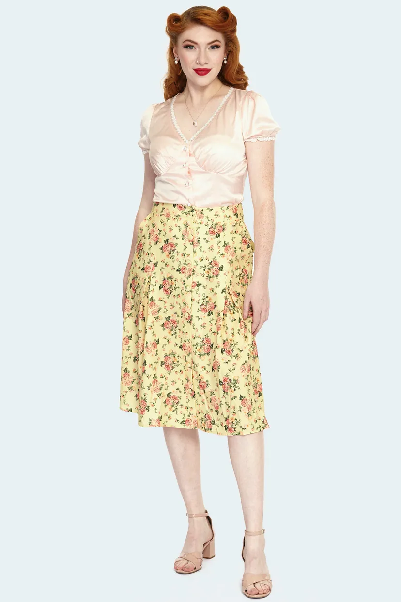 Vintage Floral Button Front Flare Skirt
