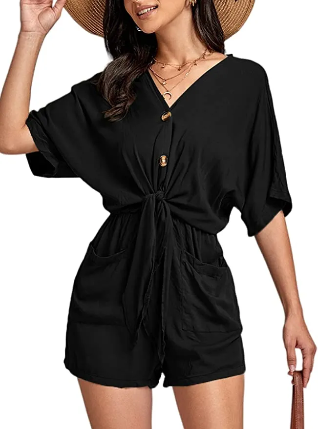 White Knit Loose Sleeve Button Up Shorts Romper
