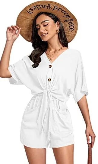 White Knit Loose Sleeve Button Up Shorts Romper