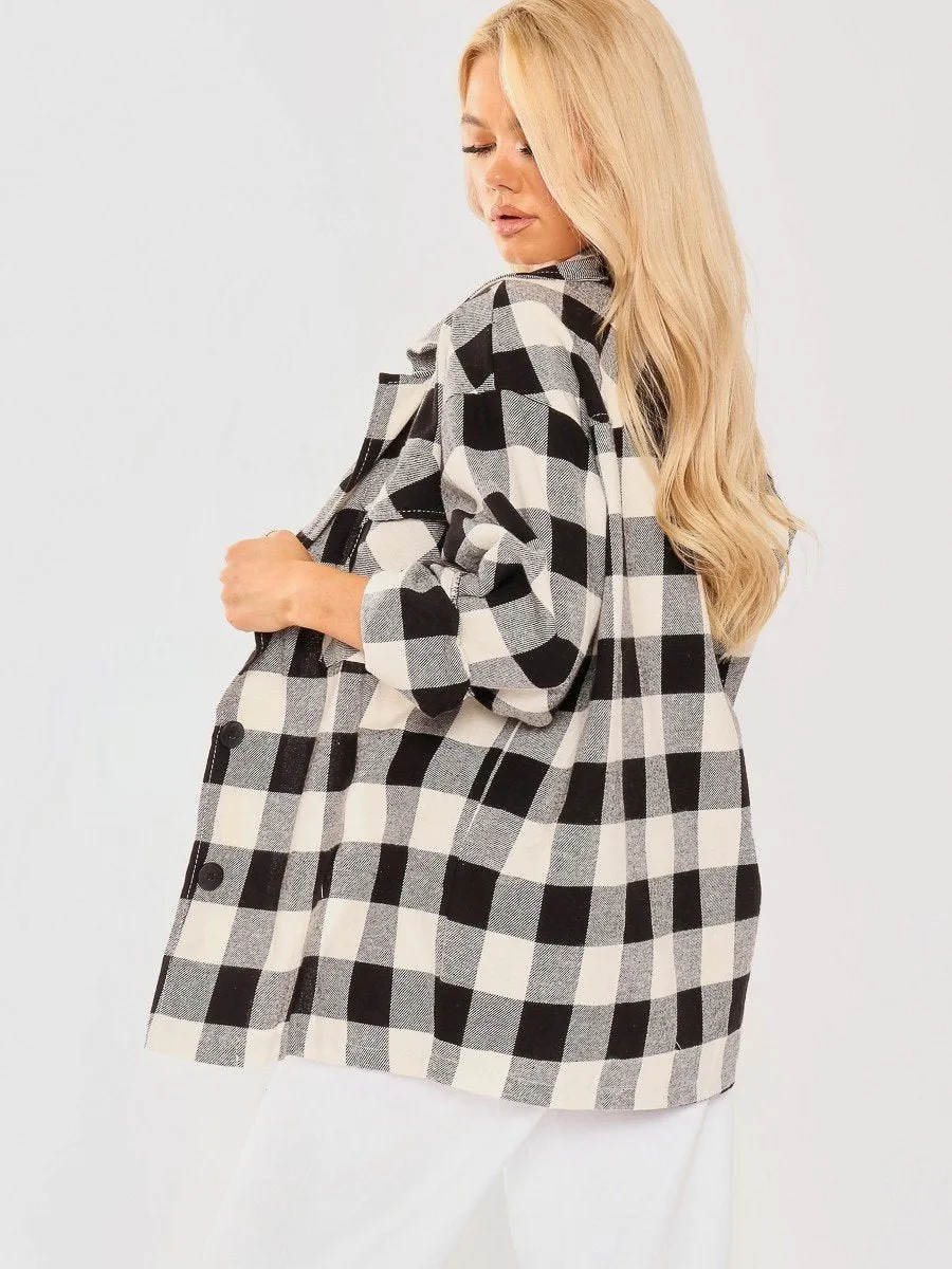 White Oversized Button Up Tartan Check Shirt Jacket