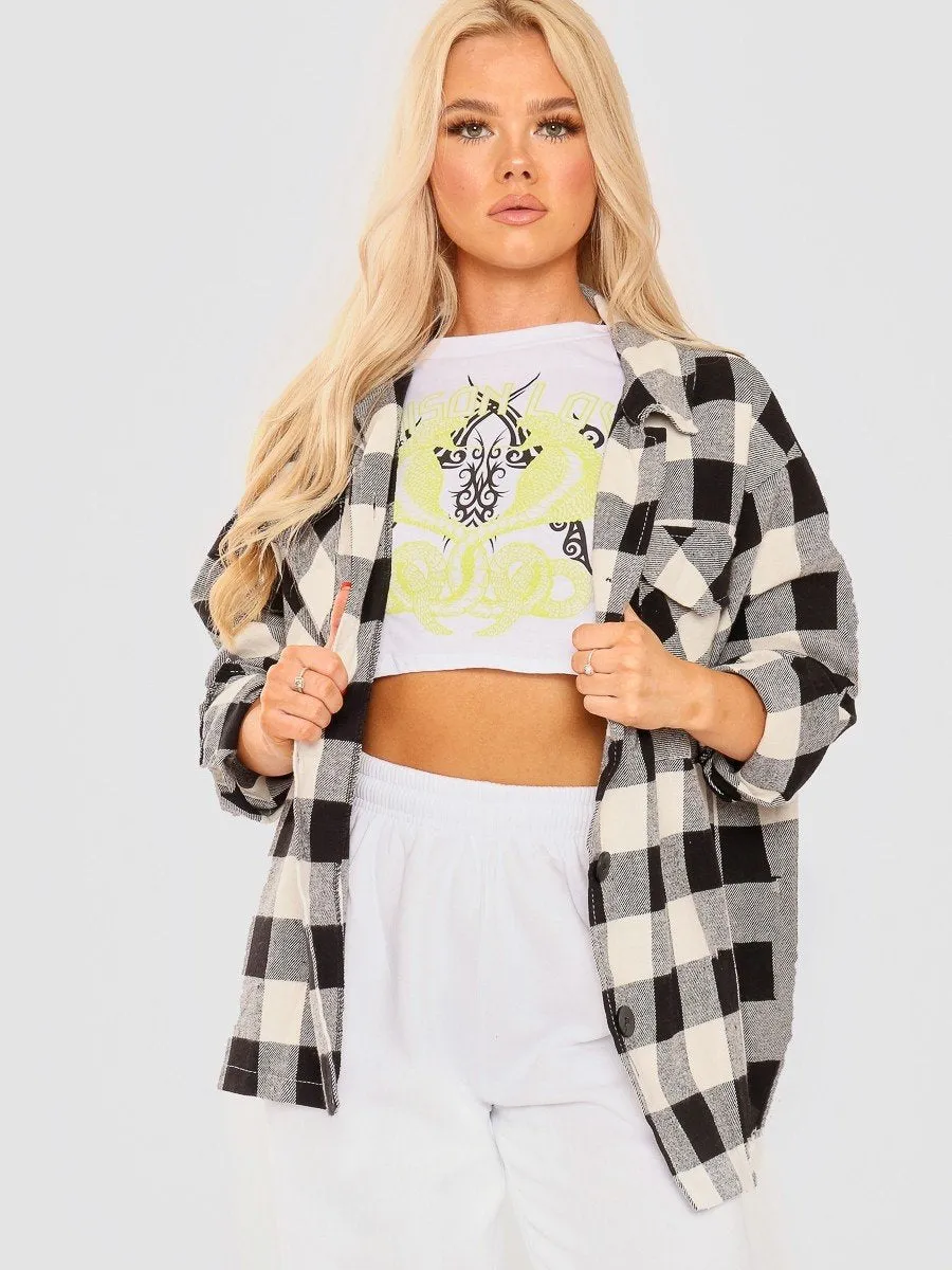 White Oversized Button Up Tartan Check Shirt Jacket