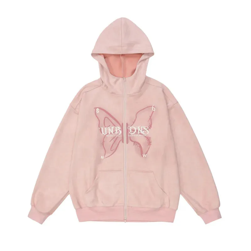 Wiaofellas  -  Chic Butterfly Graffiti Printing Zipper High Neck Hooded Jacket Men And Women Fashion Loose Suede Sweatshirt Coat Y2K Streetwear