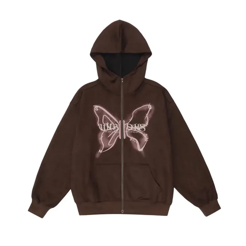 Wiaofellas  -  Chic Butterfly Graffiti Printing Zipper High Neck Hooded Jacket Men And Women Fashion Loose Suede Sweatshirt Coat Y2K Streetwear