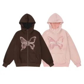 Wiaofellas  -  Chic Butterfly Graffiti Printing Zipper High Neck Hooded Jacket Men And Women Fashion Loose Suede Sweatshirt Coat Y2K Streetwear