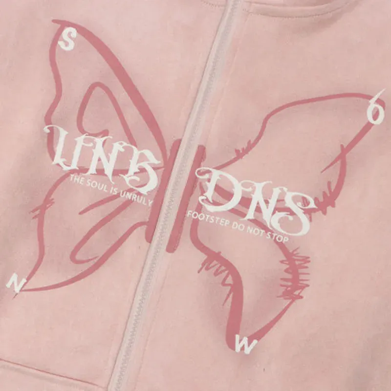 Wiaofellas  -  Chic Butterfly Graffiti Printing Zipper High Neck Hooded Jacket Men And Women Fashion Loose Suede Sweatshirt Coat Y2K Streetwear