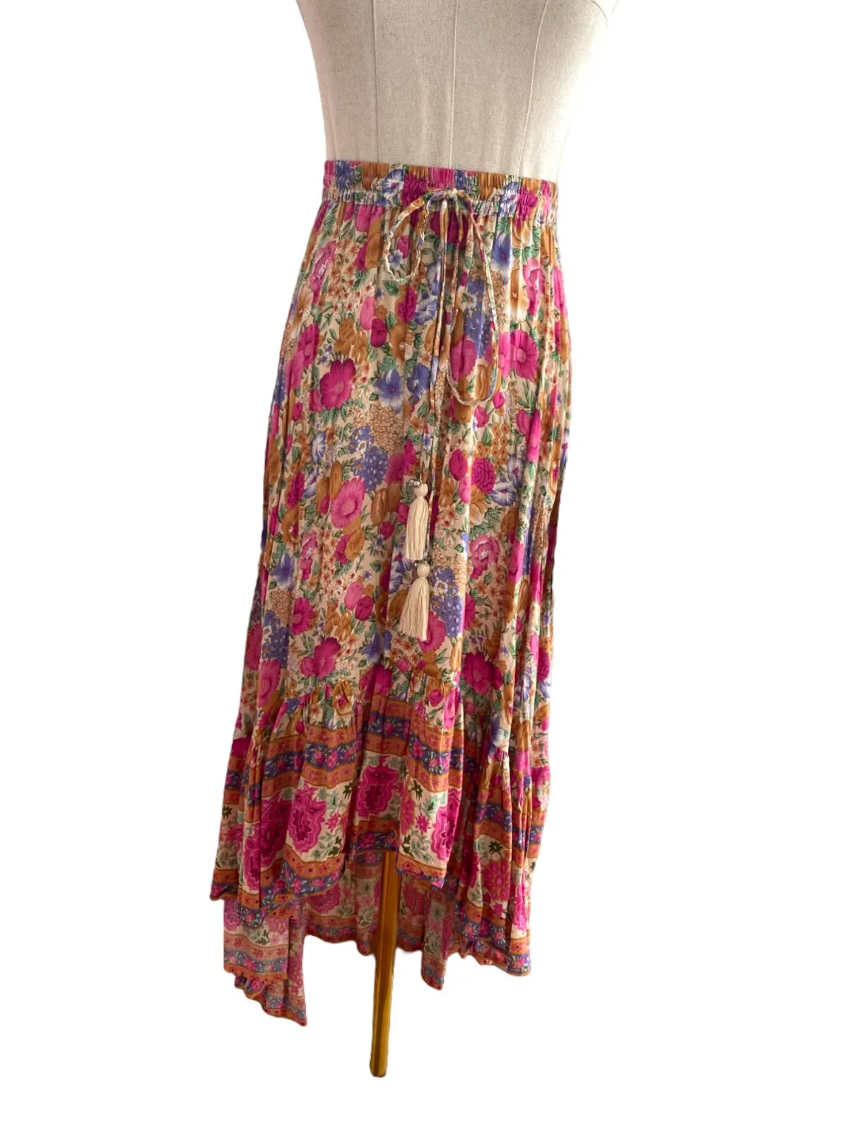 Wilde Bella Boho Floral Skirt | Sz S/M, High/Low, Tassels, Byron Bay Brand