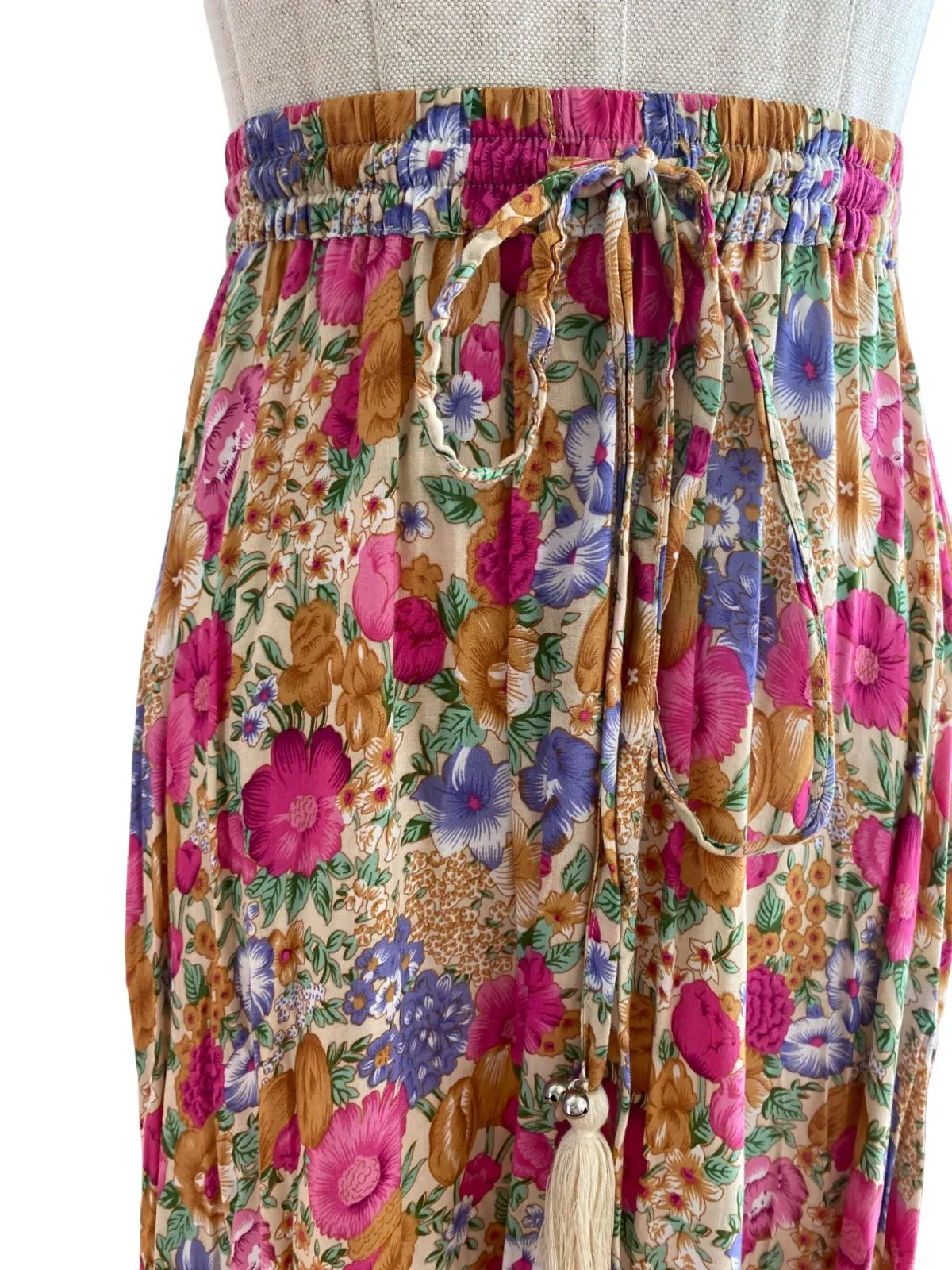 Wilde Bella Boho Floral Skirt | Sz S/M, High/Low, Tassels, Byron Bay Brand