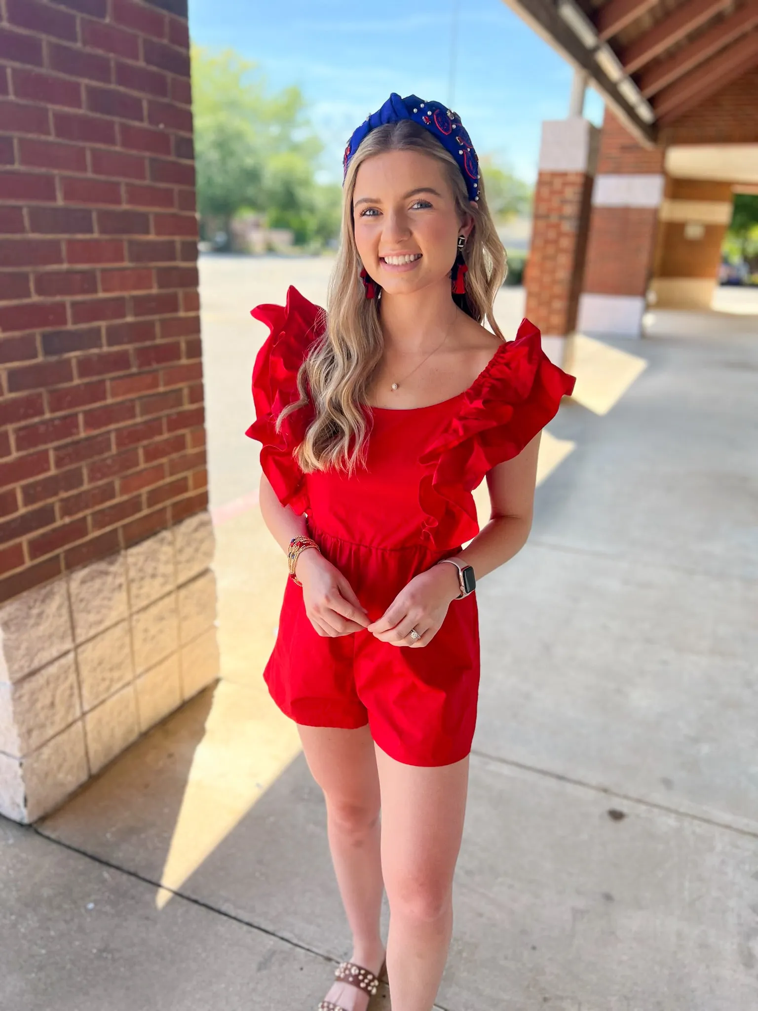 Winning Season Red Ruffle Sleeve Romper