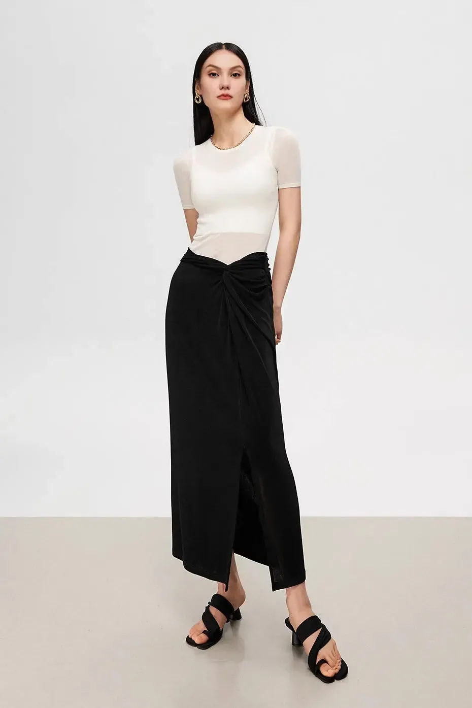 Women's Black Acetate High Waist Maxi Skirt