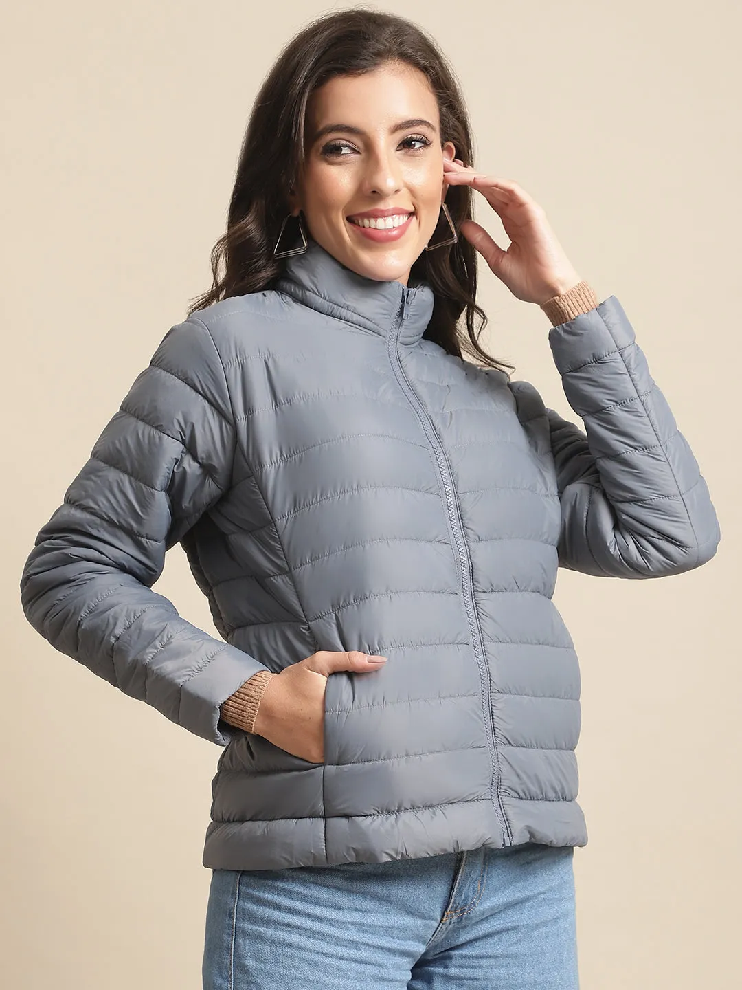 Women's Casual  Grey Quilted  Jacket