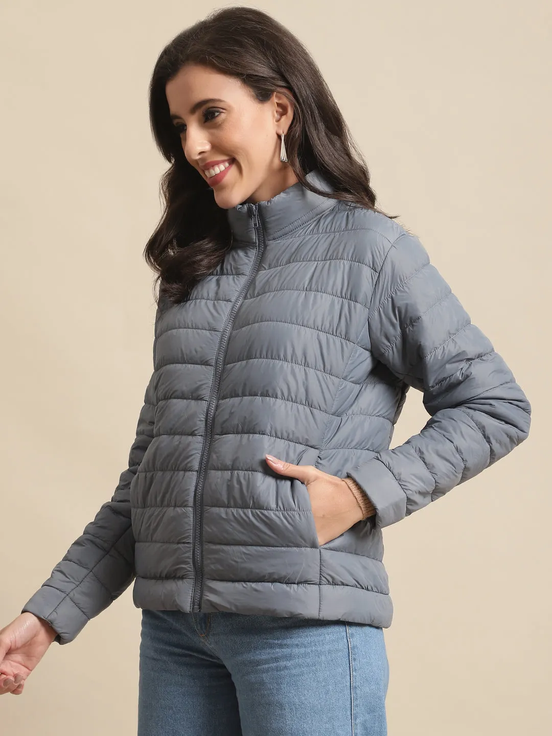 Women's Casual  Grey Quilted  Jacket