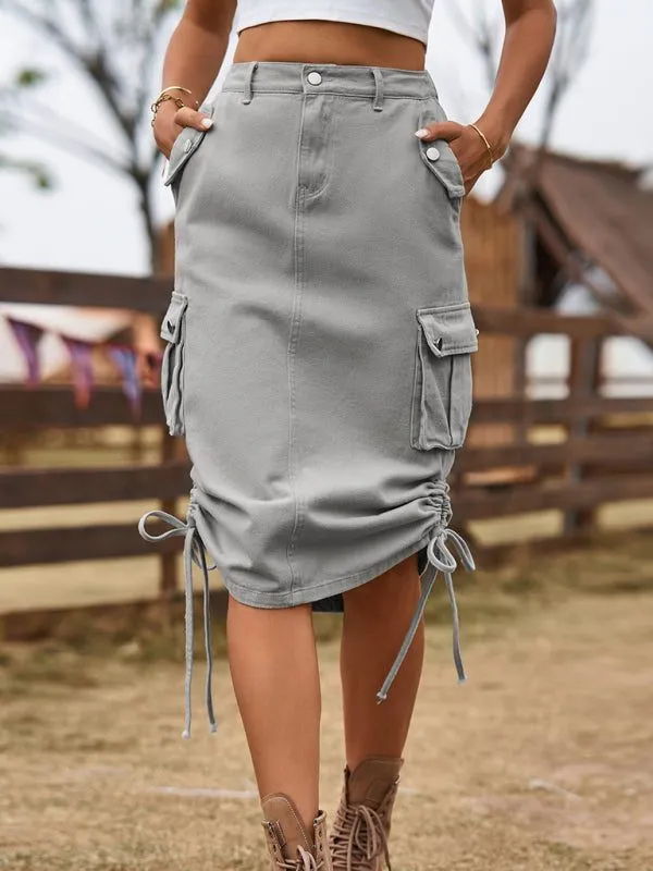 Women’s Denim Cargo Skirt with Drawstring and Pockets in 4 Colors Sizes 2-14
