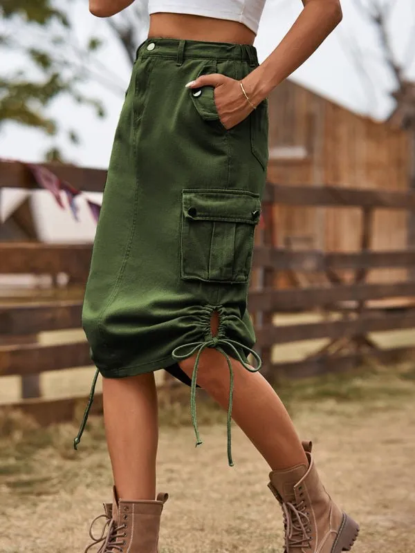 Women’s Denim Cargo Skirt with Drawstring and Pockets in 4 Colors Sizes 2-14
