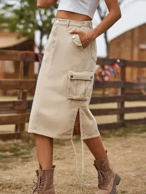 Women’s Denim Cargo Skirt with Drawstring and Pockets in 4 Colors Sizes 2-14