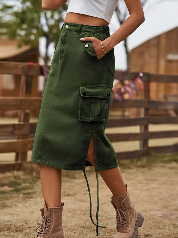 Women’s Denim Cargo Skirt with Drawstring and Pockets in 4 Colors Sizes 2-14