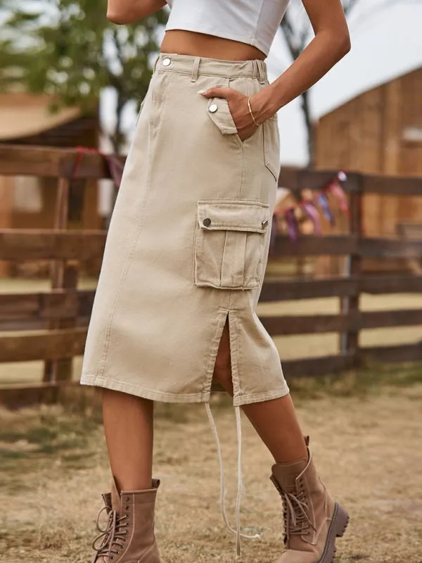 Women’s Denim Cargo Skirt with Drawstring and Pockets in 4 Colors Sizes 2-14
