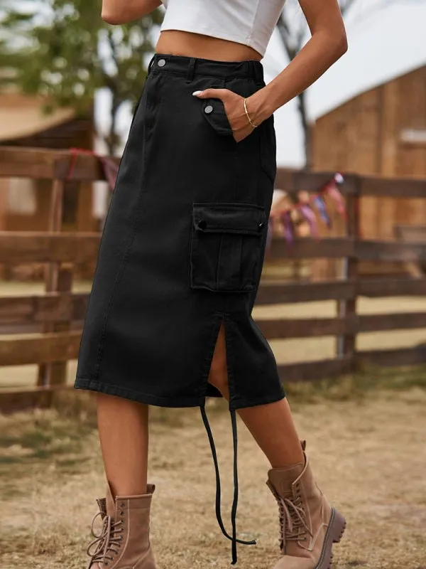Women’s Denim Cargo Skirt with Drawstring and Pockets in 4 Colors Sizes 2-14