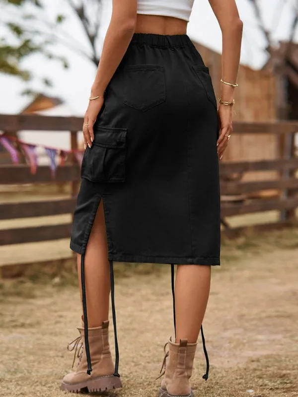 Women’s Denim Cargo Skirt with Drawstring and Pockets in 4 Colors Sizes 2-14
