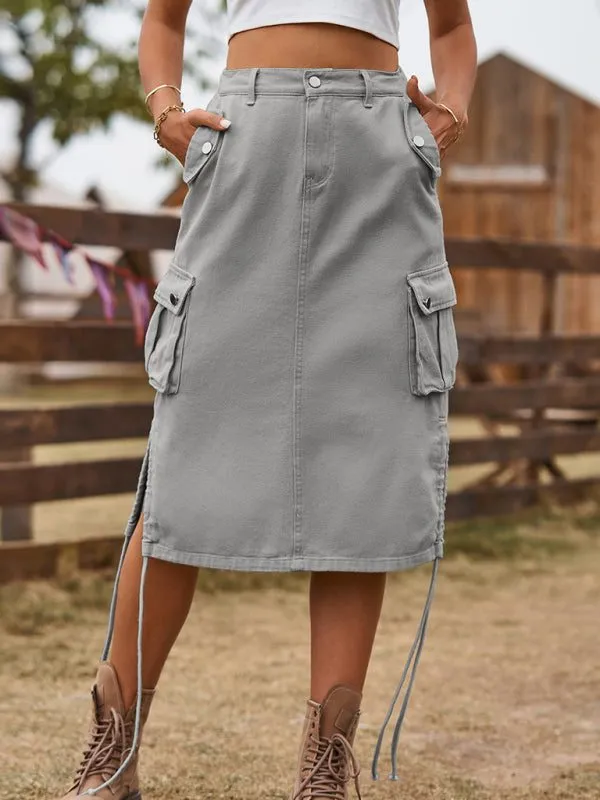 Women’s Denim Cargo Skirt with Drawstring and Pockets in 4 Colors Sizes 2-14