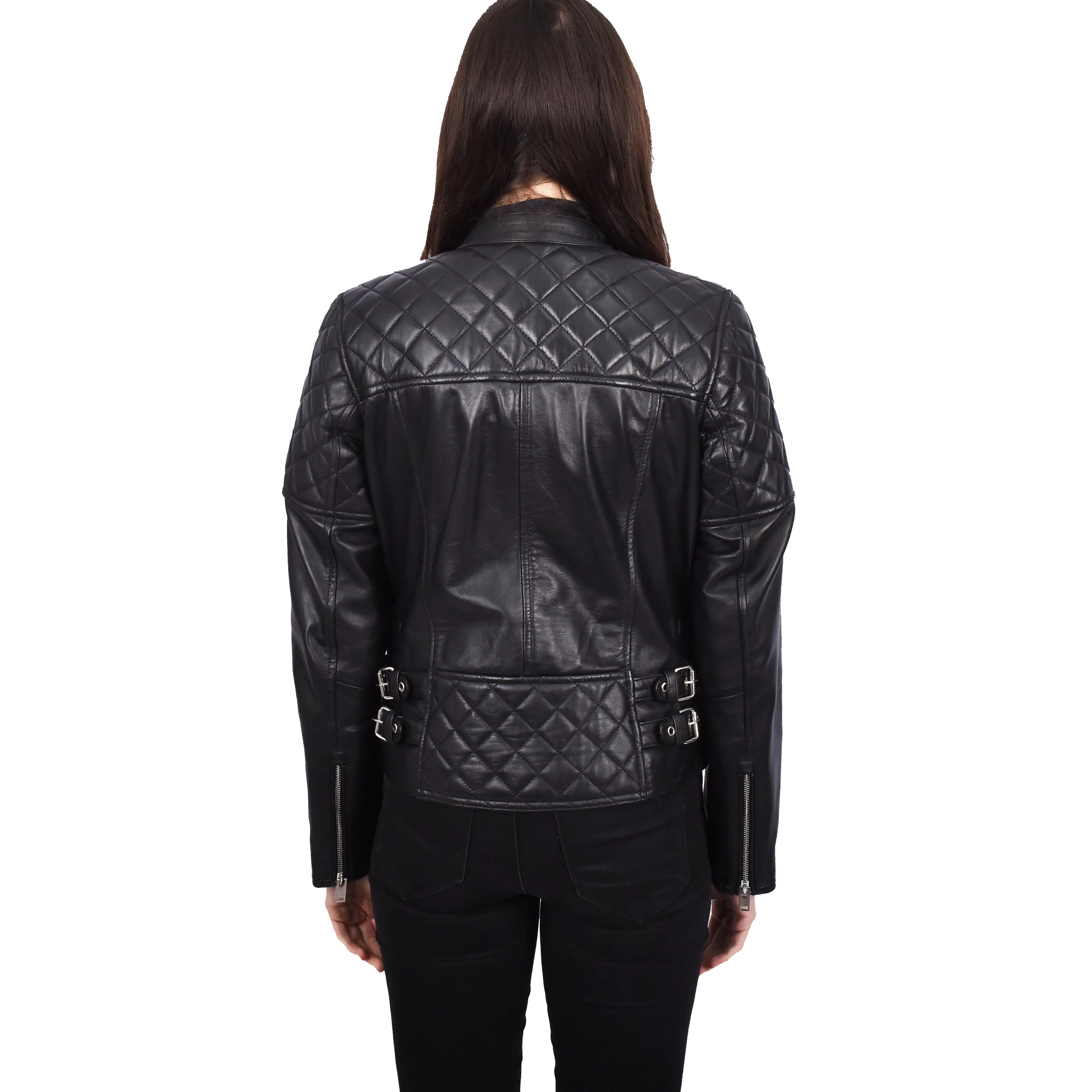 Women’s Genuine Leather Jacket Biker Style Simple Design Helene Black