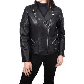 Women’s Genuine Leather Jacket Biker Style Simple Design Helene Black