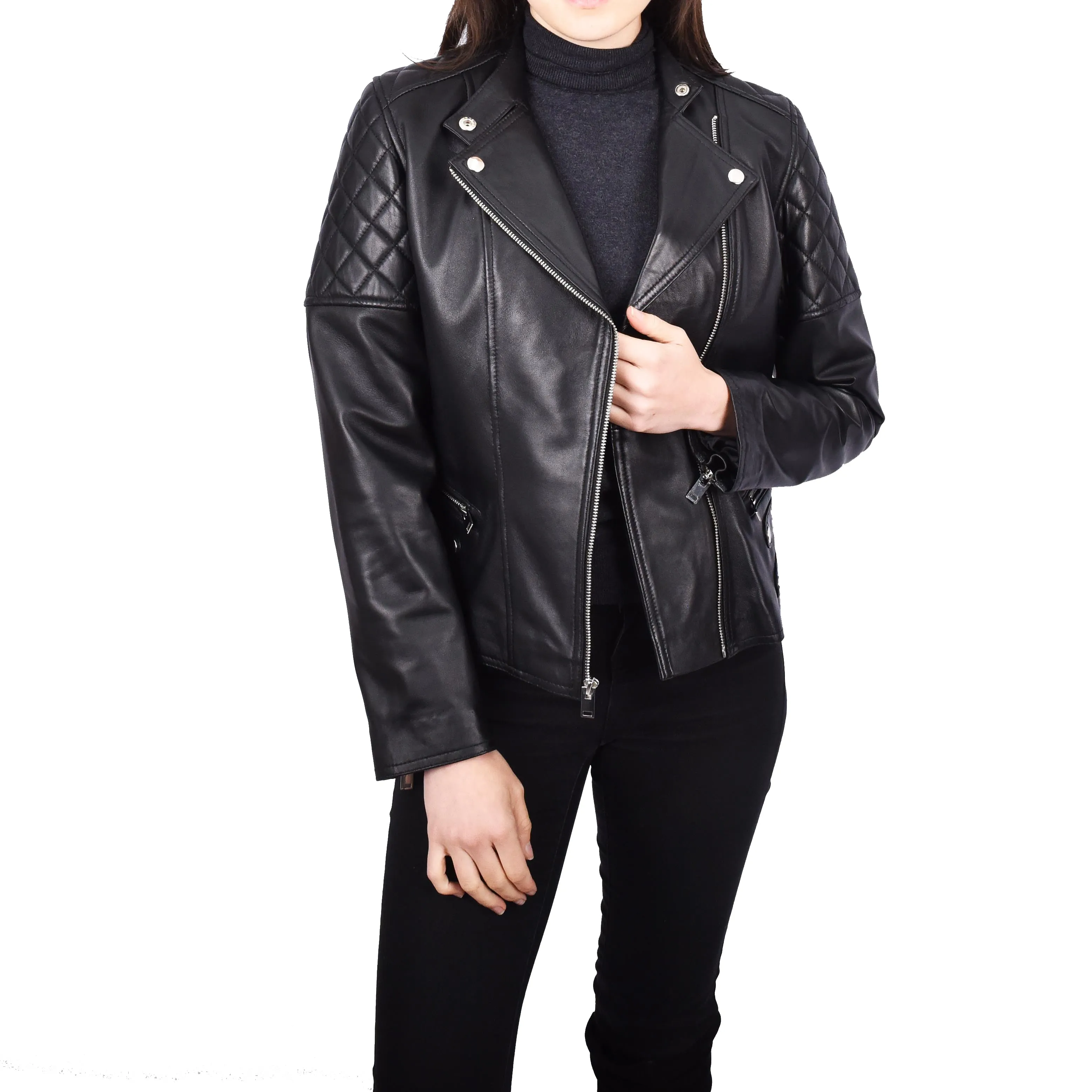 Women’s Genuine Leather Jacket Biker Style Simple Design Helene Black