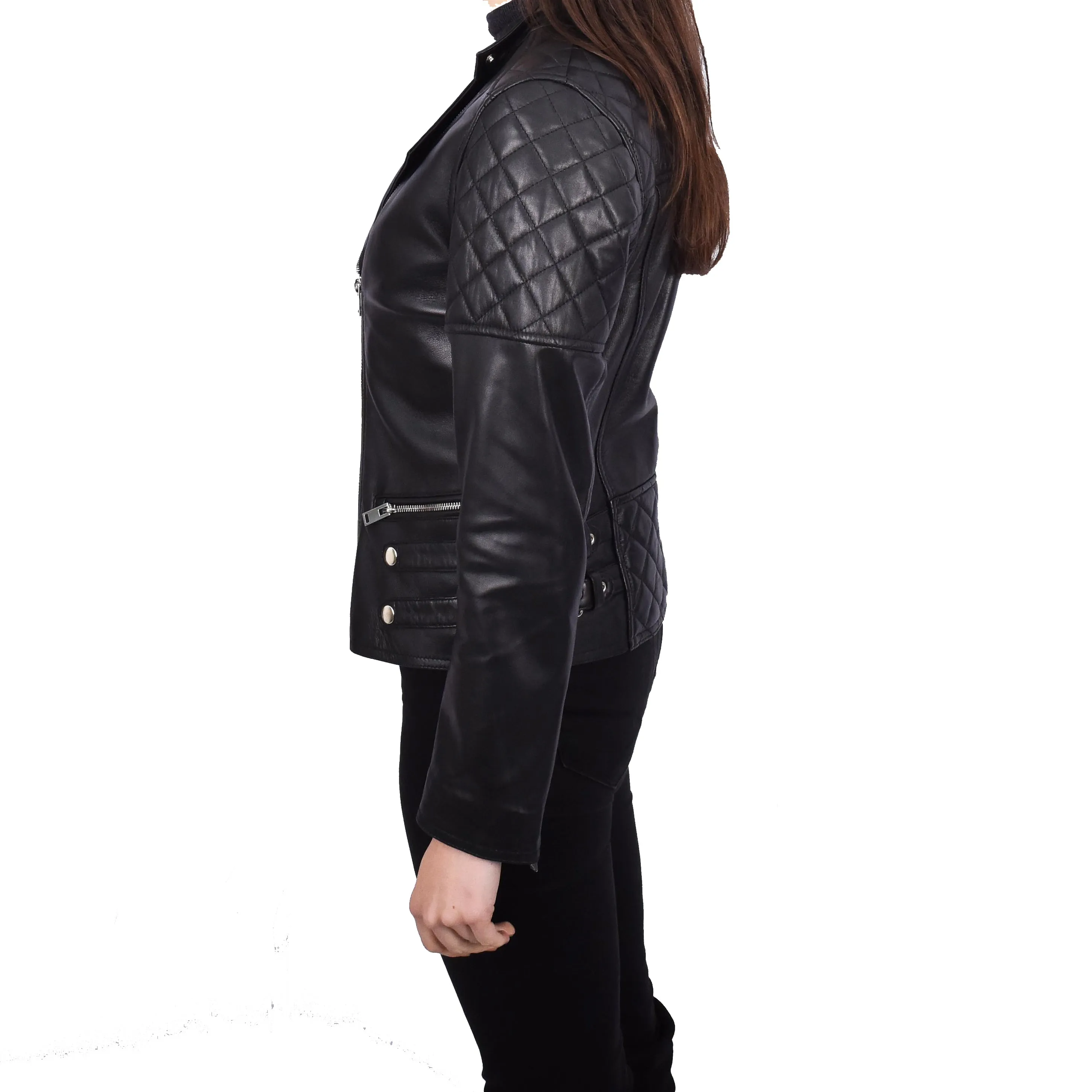 Women’s Genuine Leather Jacket Biker Style Simple Design Helene Black
