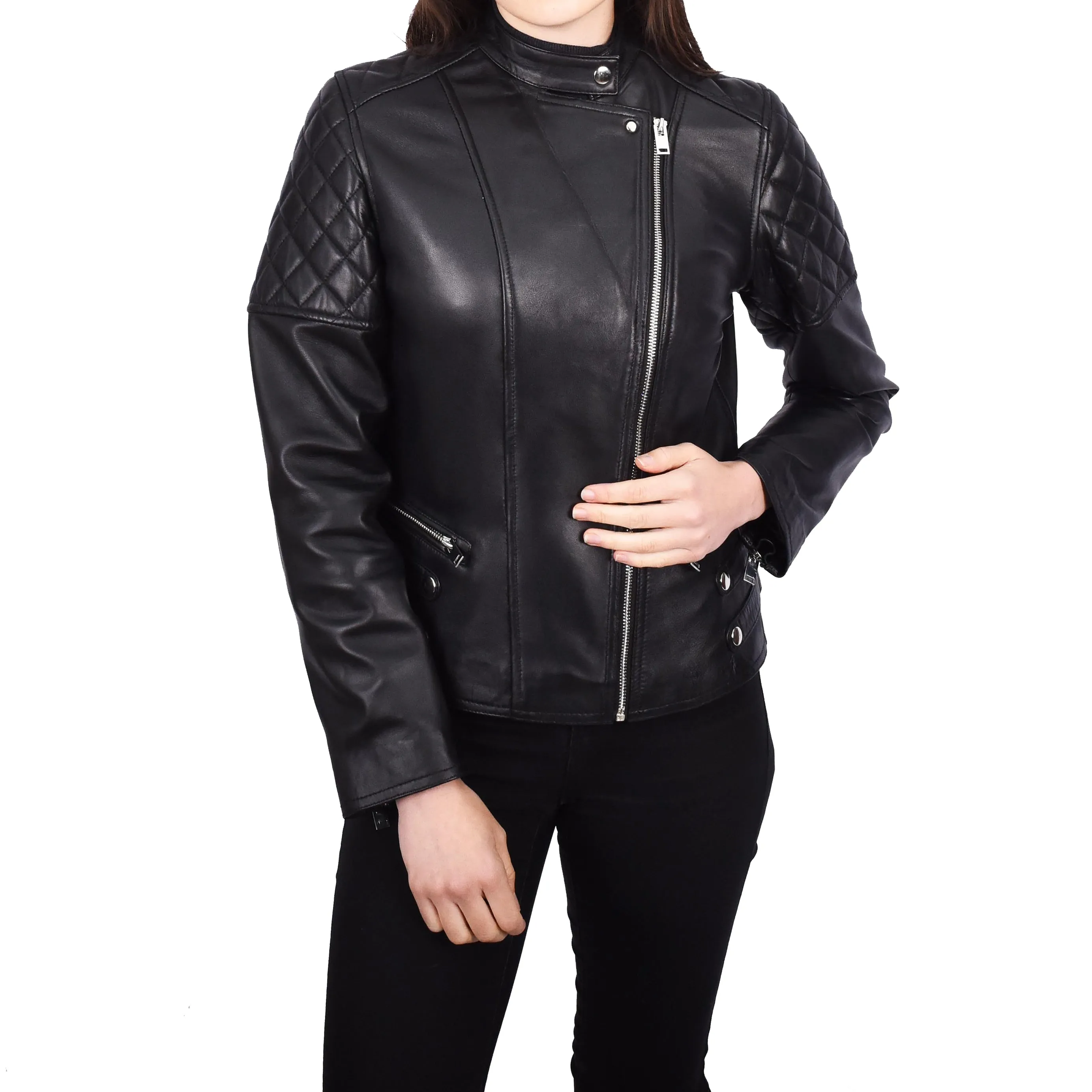 Women’s Genuine Leather Jacket Biker Style Simple Design Helene Black