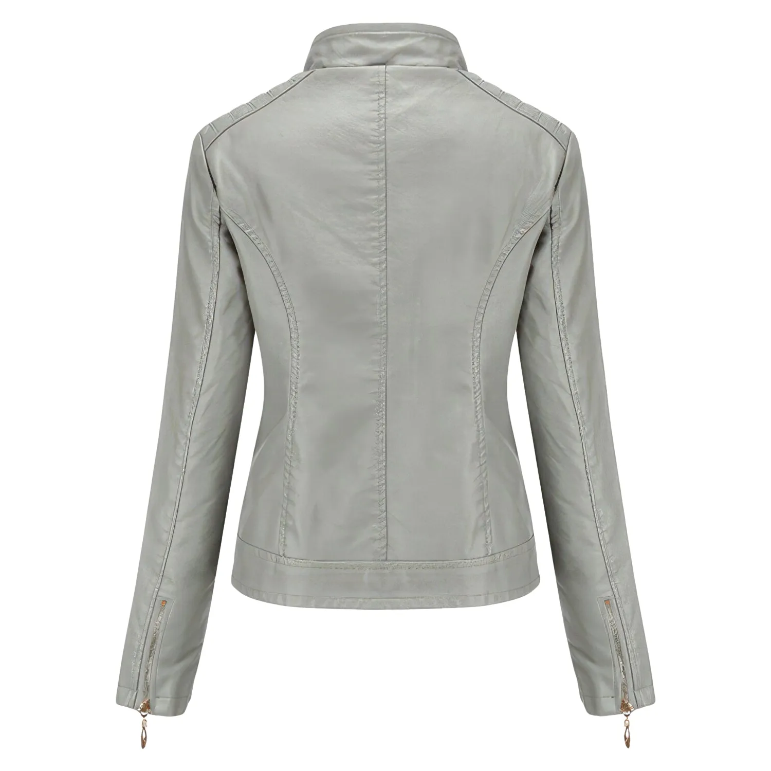 Women’s Grey Biker Genuine Sheepskin Stand Collar Quilted Fashionable Outfit Motorcycle Café Racer Leather Jacket