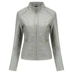 Women’s Grey Biker Genuine Sheepskin Stand Collar Quilted Fashionable Outfit Motorcycle Café Racer Leather Jacket