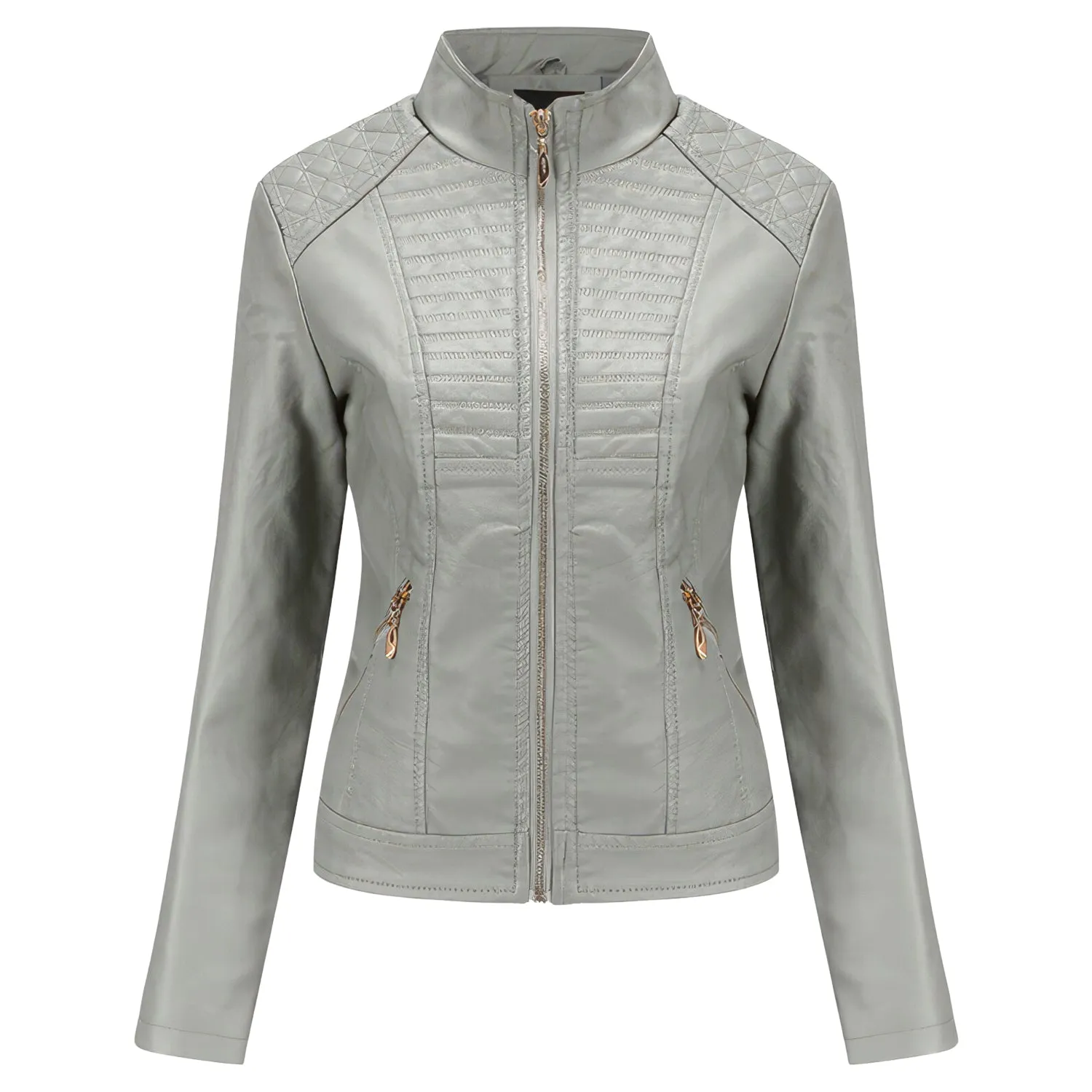 Women’s Grey Biker Genuine Sheepskin Stand Collar Quilted Fashionable Outfit Motorcycle Café Racer Leather Jacket