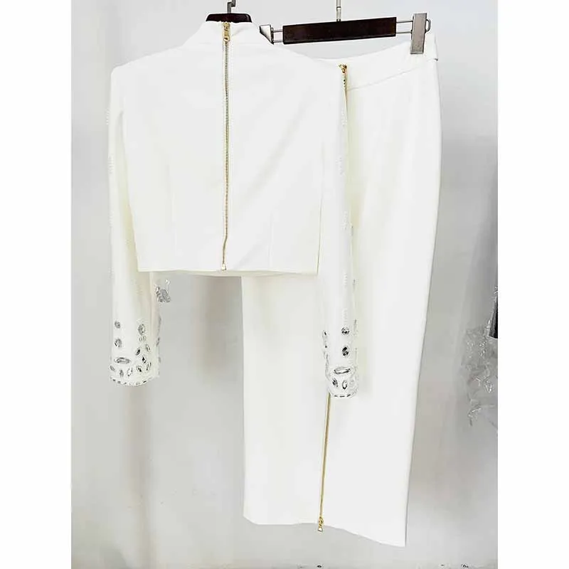 Women's Skirt Suit Fitted Beaded Long Sleeve Crop Top   Long Skirt Suit