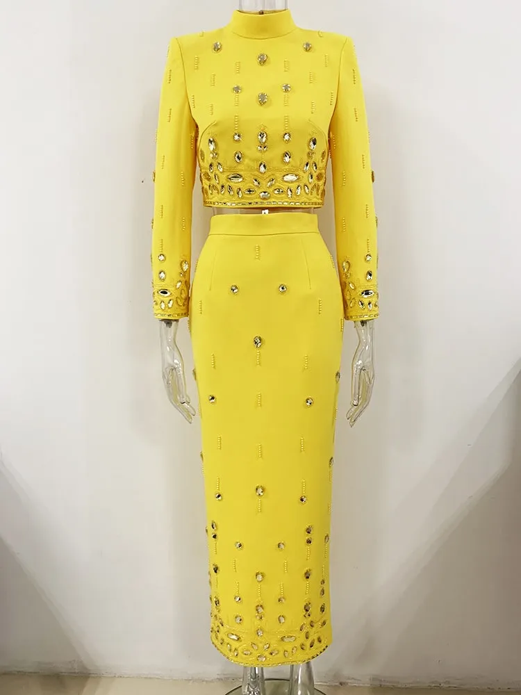 Women's Skirt Suit Fitted Beaded Long Sleeve Crop Top   Long Skirt Suit