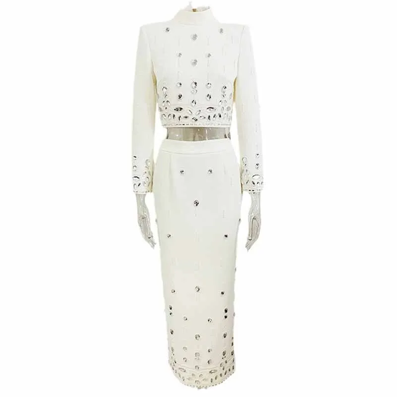 Women's Skirt Suit Fitted Beaded Long Sleeve Crop Top   Long Skirt Suit