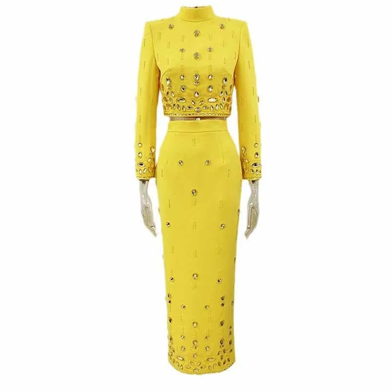 Women's Skirt Suit Fitted Beaded Long Sleeve Crop Top   Long Skirt Suit