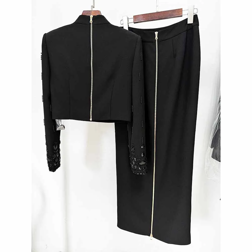 Women's Skirt Suit Fitted Beaded Long Sleeve Crop Top   Long Skirt Suit