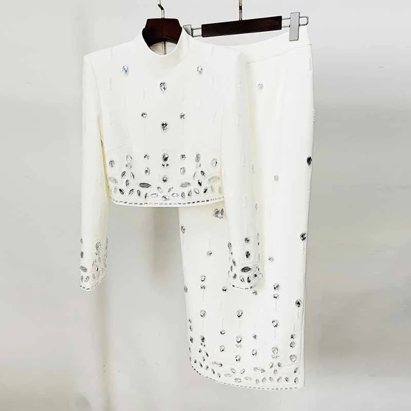 Women's Skirt Suit Fitted Beaded Long Sleeve Crop Top   Long Skirt Suit