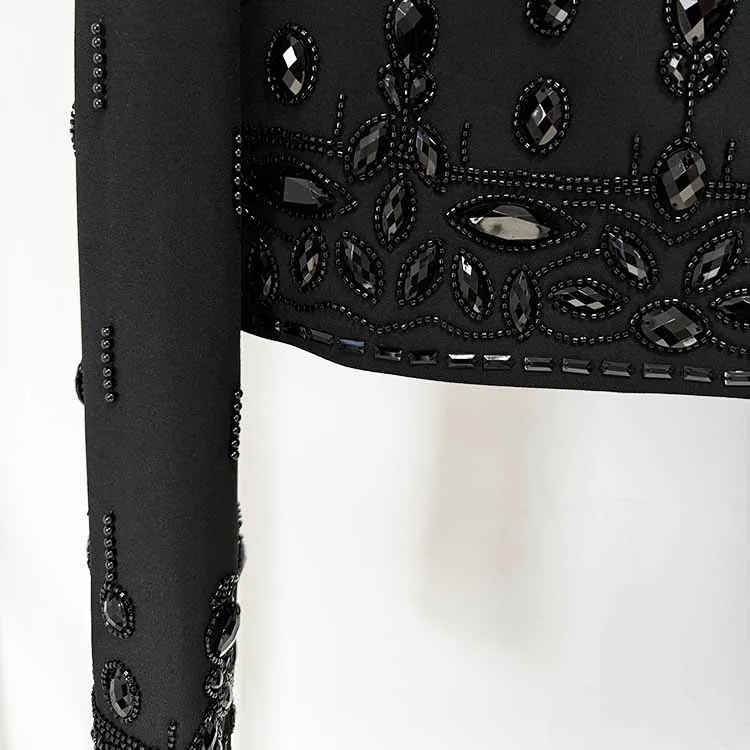 Women's Skirt Suit Fitted Beaded Long Sleeve Crop Top   Long Skirt Suit