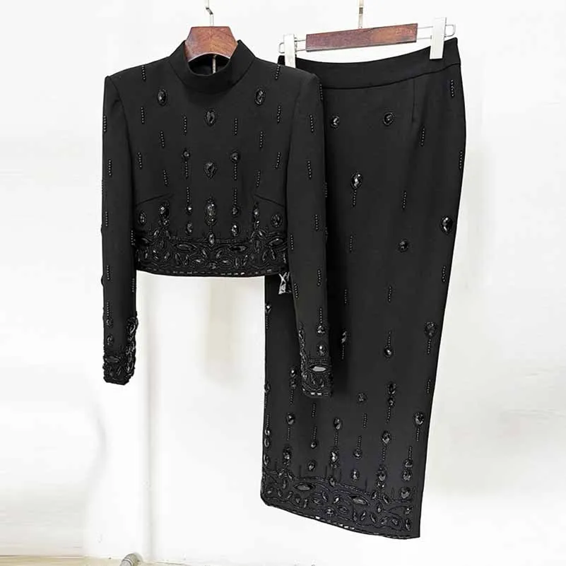 Women's Skirt Suit Fitted Beaded Long Sleeve Crop Top   Long Skirt Suit