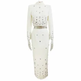 Women's Skirt Suit Fitted Beaded Long Sleeve Crop Top   Long Skirt Suit