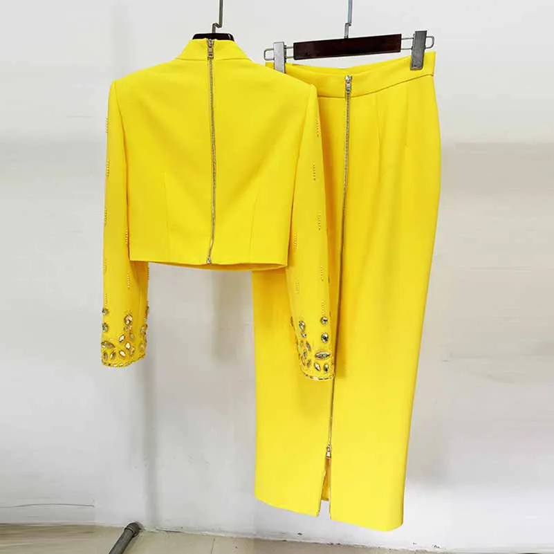 Women's Skirt Suit Fitted Beaded Long Sleeve Crop Top   Long Skirt Suit