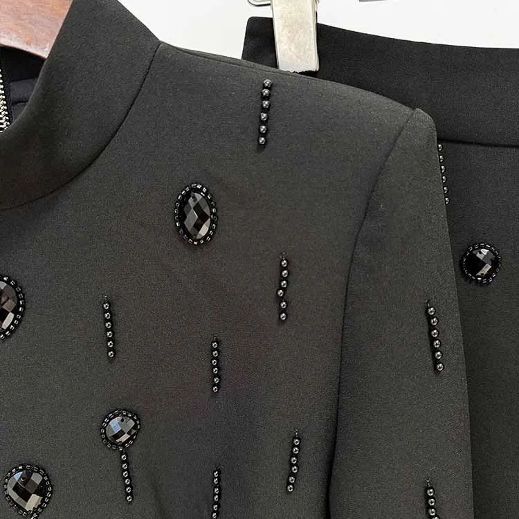 Women's Skirt Suit Fitted Beaded Long Sleeve Crop Top   Long Skirt Suit