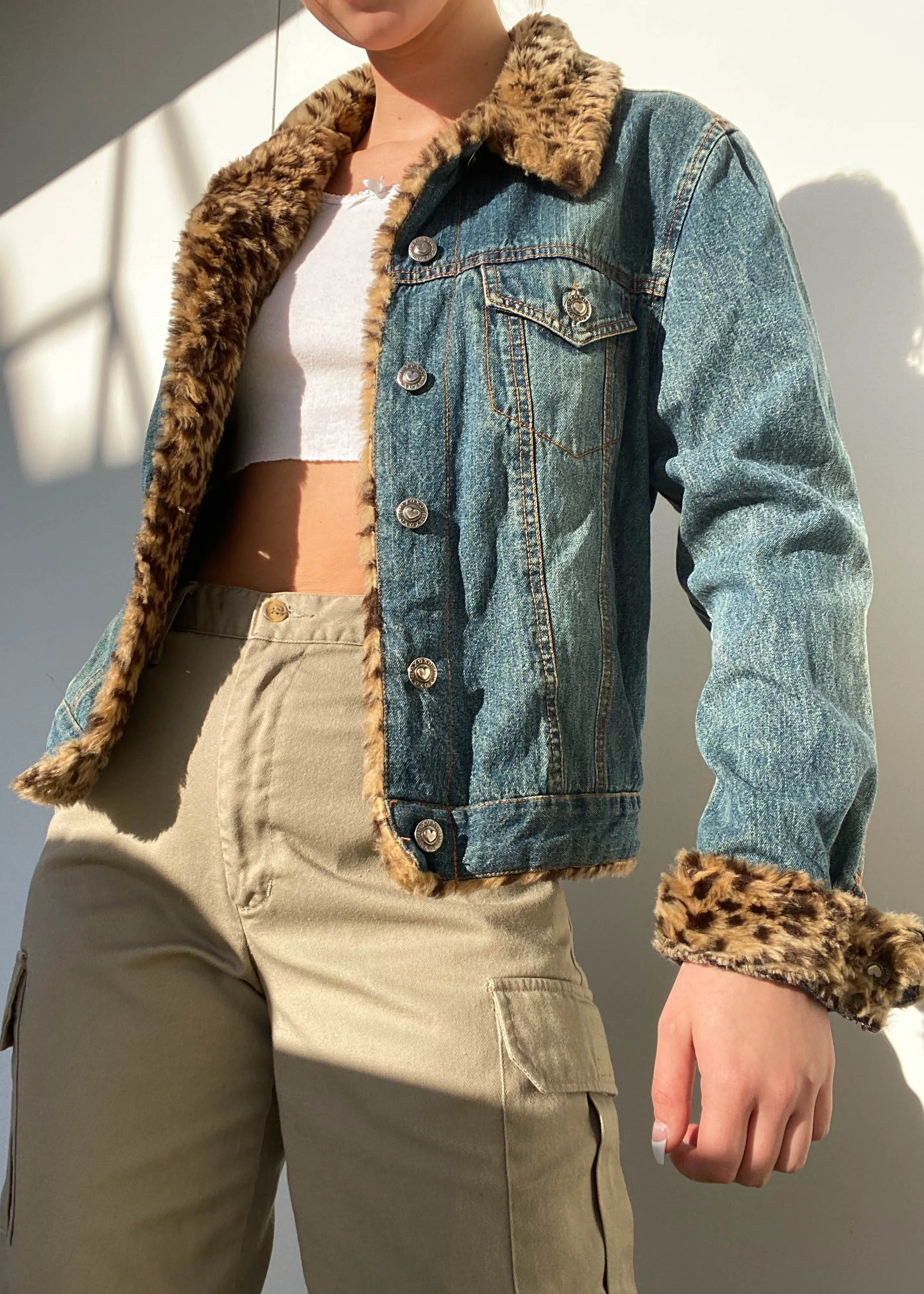 Y2k Cheetah Fur Trim Denim Jacket (M)