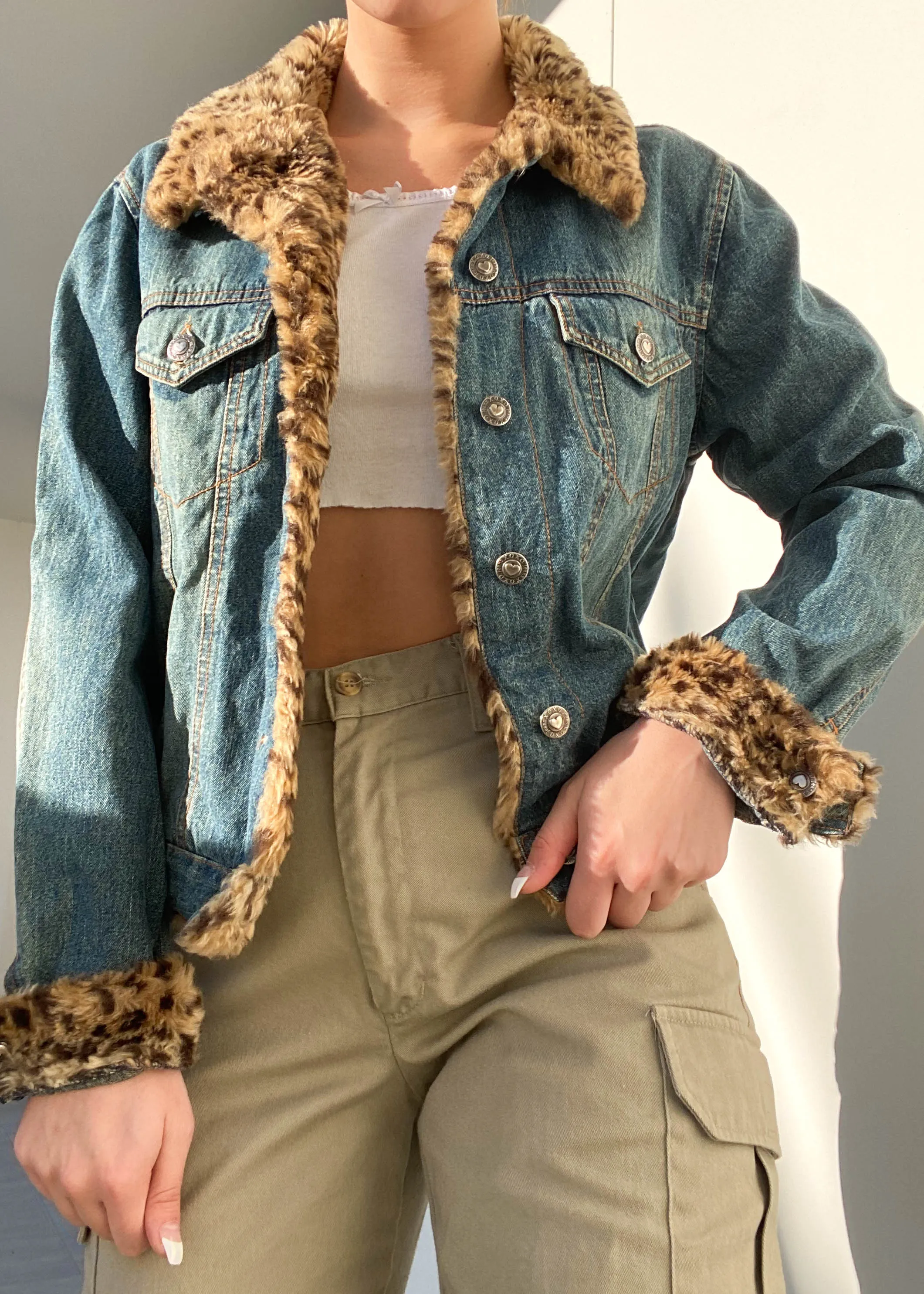 Y2k Cheetah Fur Trim Denim Jacket (M)