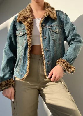 Y2k Cheetah Fur Trim Denim Jacket (M)